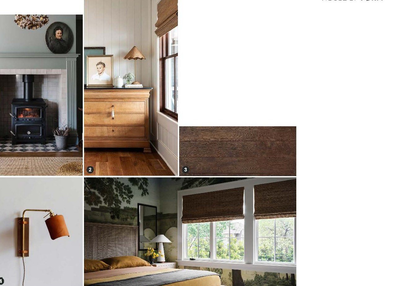 Bedrooms: muted blue fireplace surrounds, leather sconces, mural wallpaper