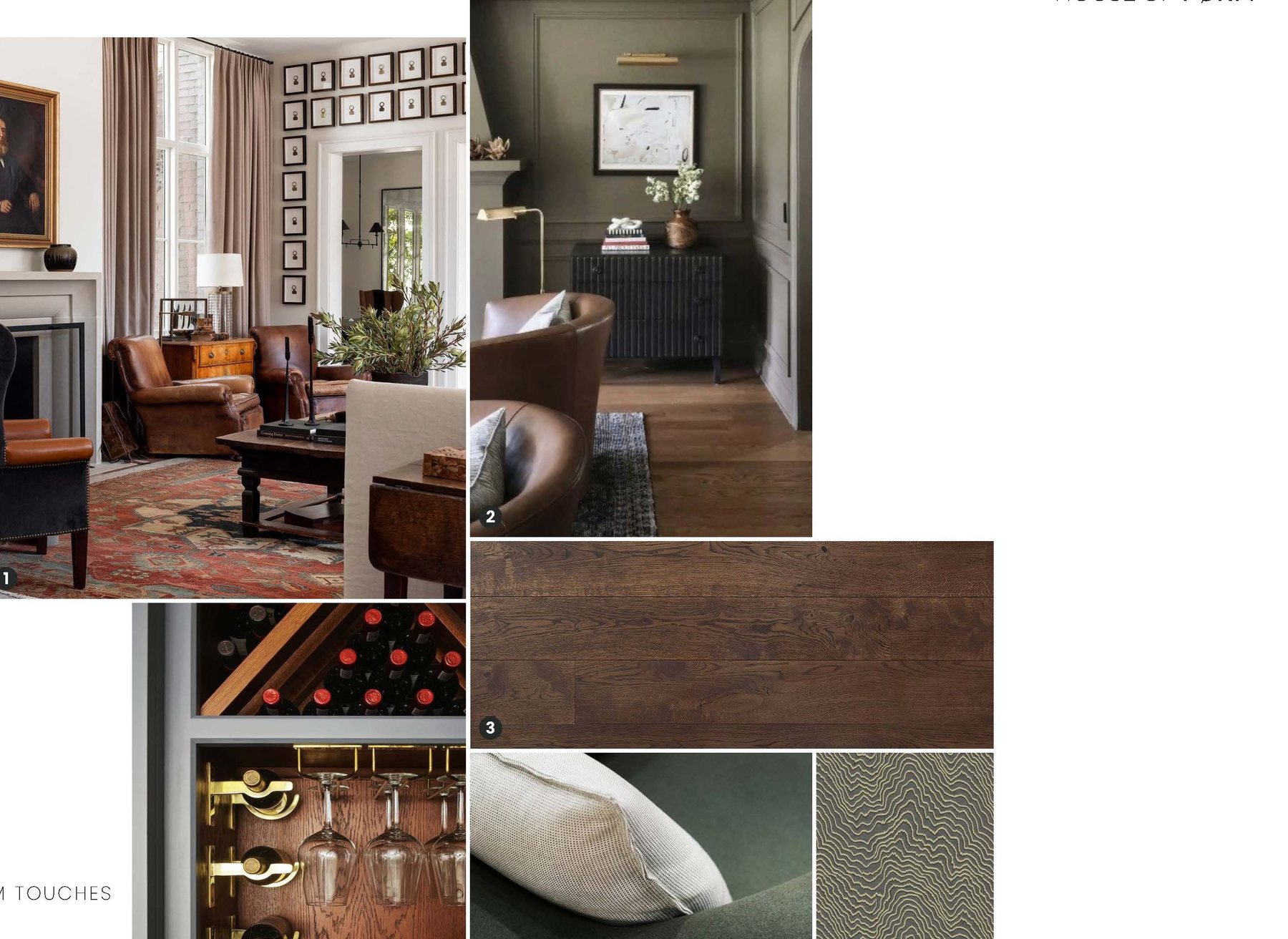 The living room: leather, a styled bar cabinet, monochrome walls