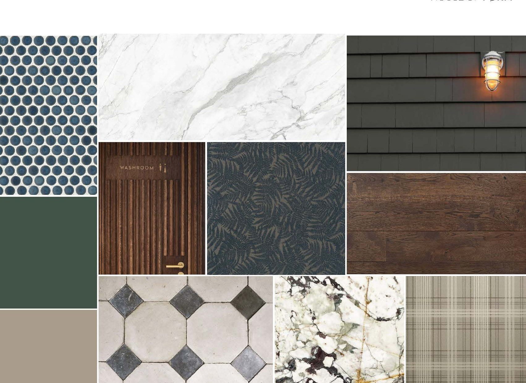 Materials: penny tile, plaid, marble, checkerboard, walnut