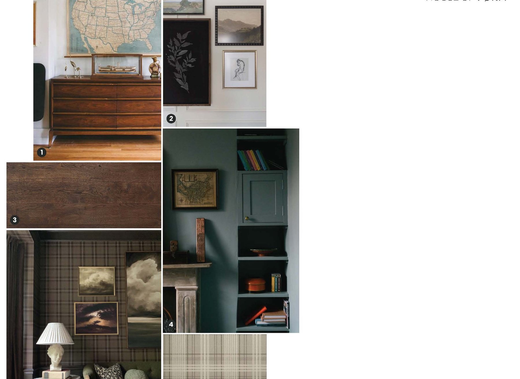 The reading room: nautical charts, a gallery wall of family photos, plaid and walnut