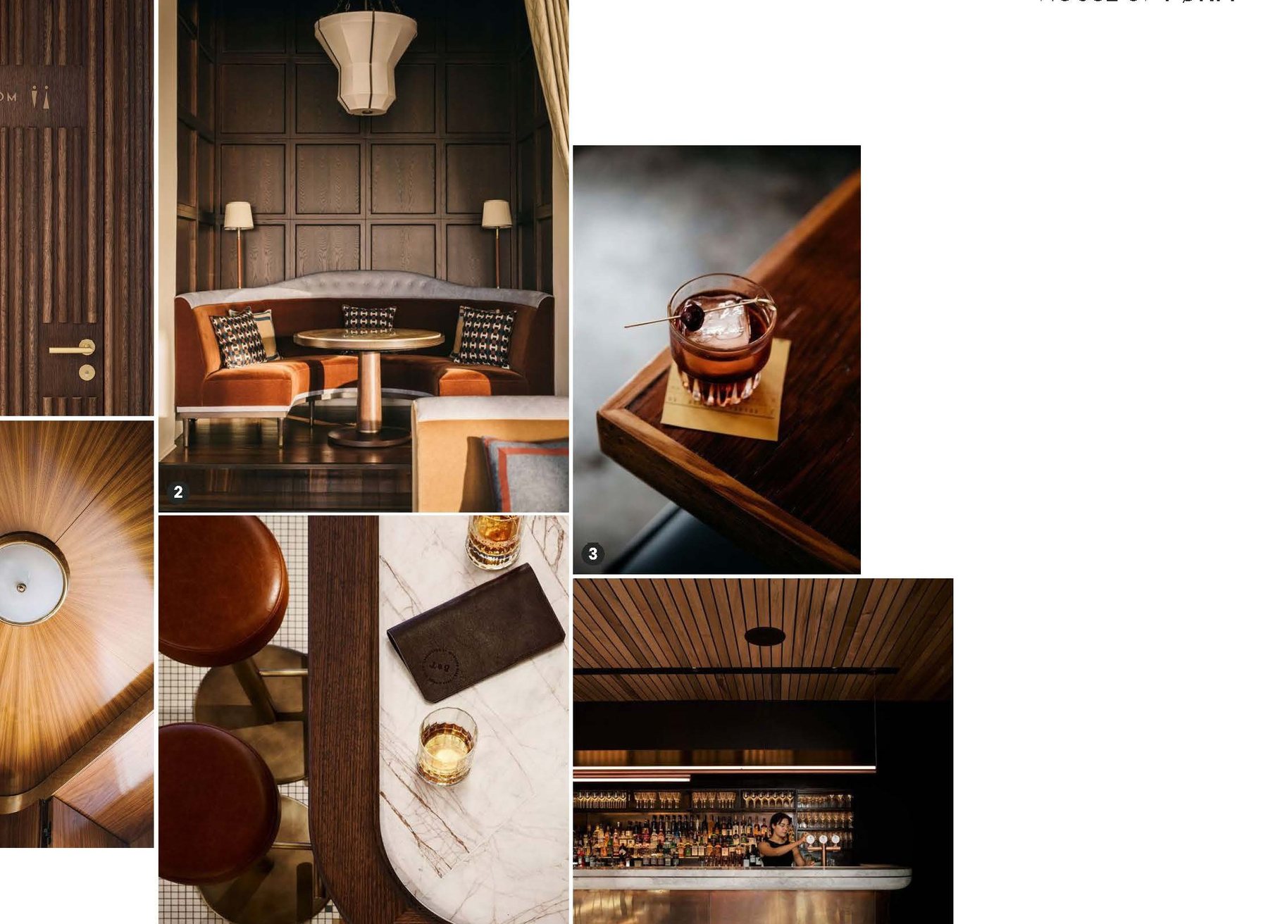 The restaurant: wood slat doors, booth seating, a rounded bar with mosaic tile